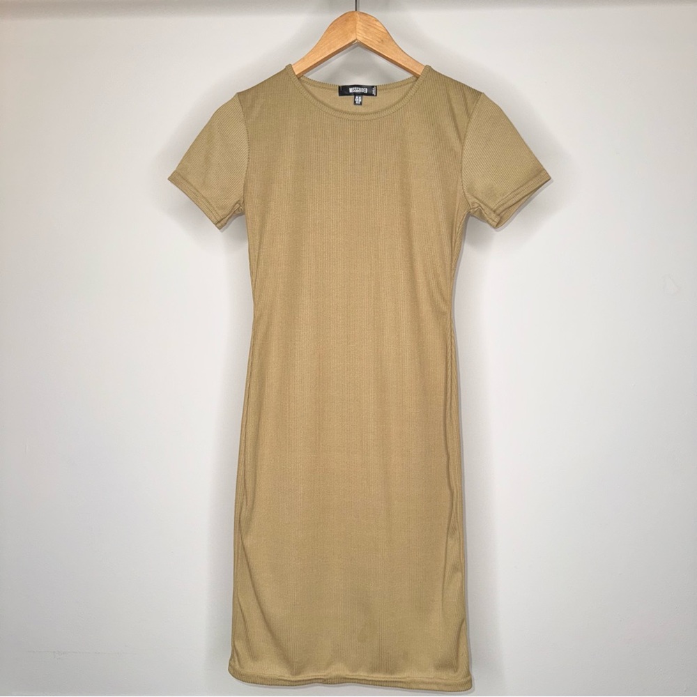 MISGUIDED MIDI SHIRT DRESS BODYCON GREEN GOLDEN RIBBED